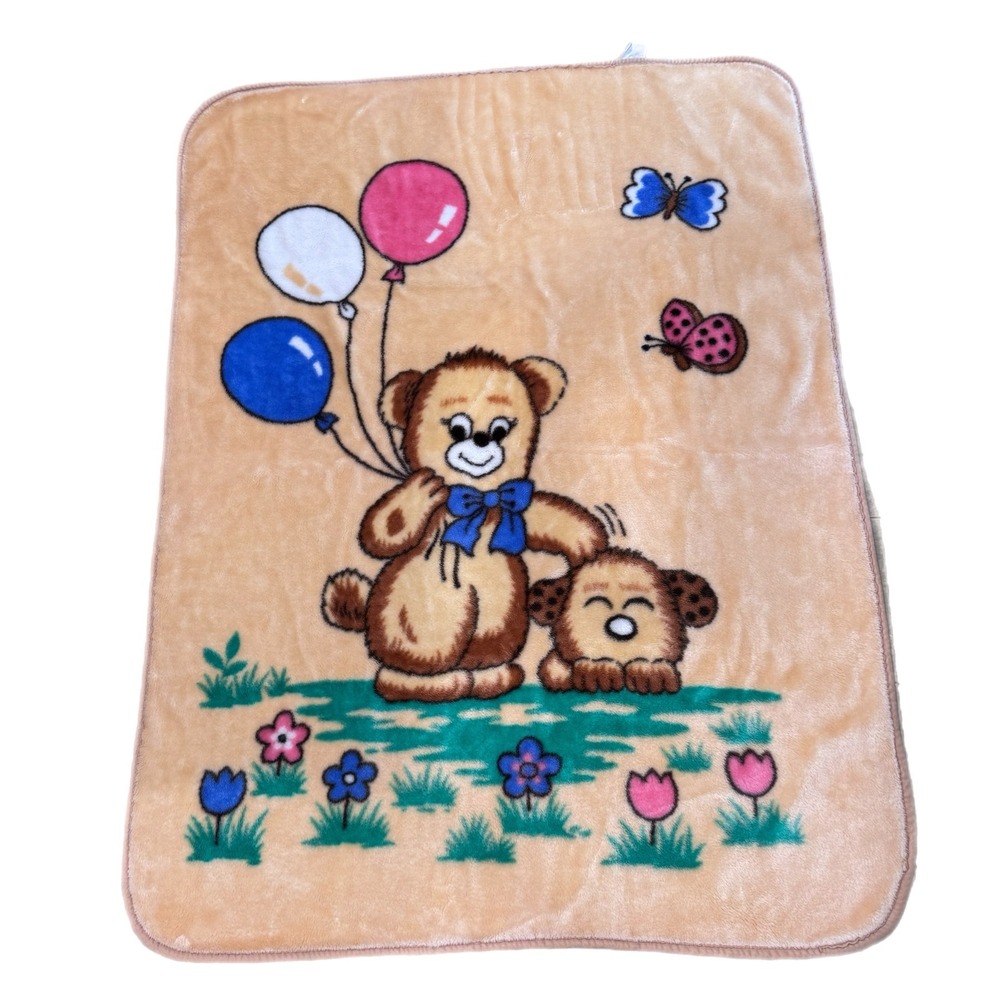 Vintage Korean Faux Fur Mink Baby Blanket Teddy Bear Puppy Balloons Tan 40 x 53"